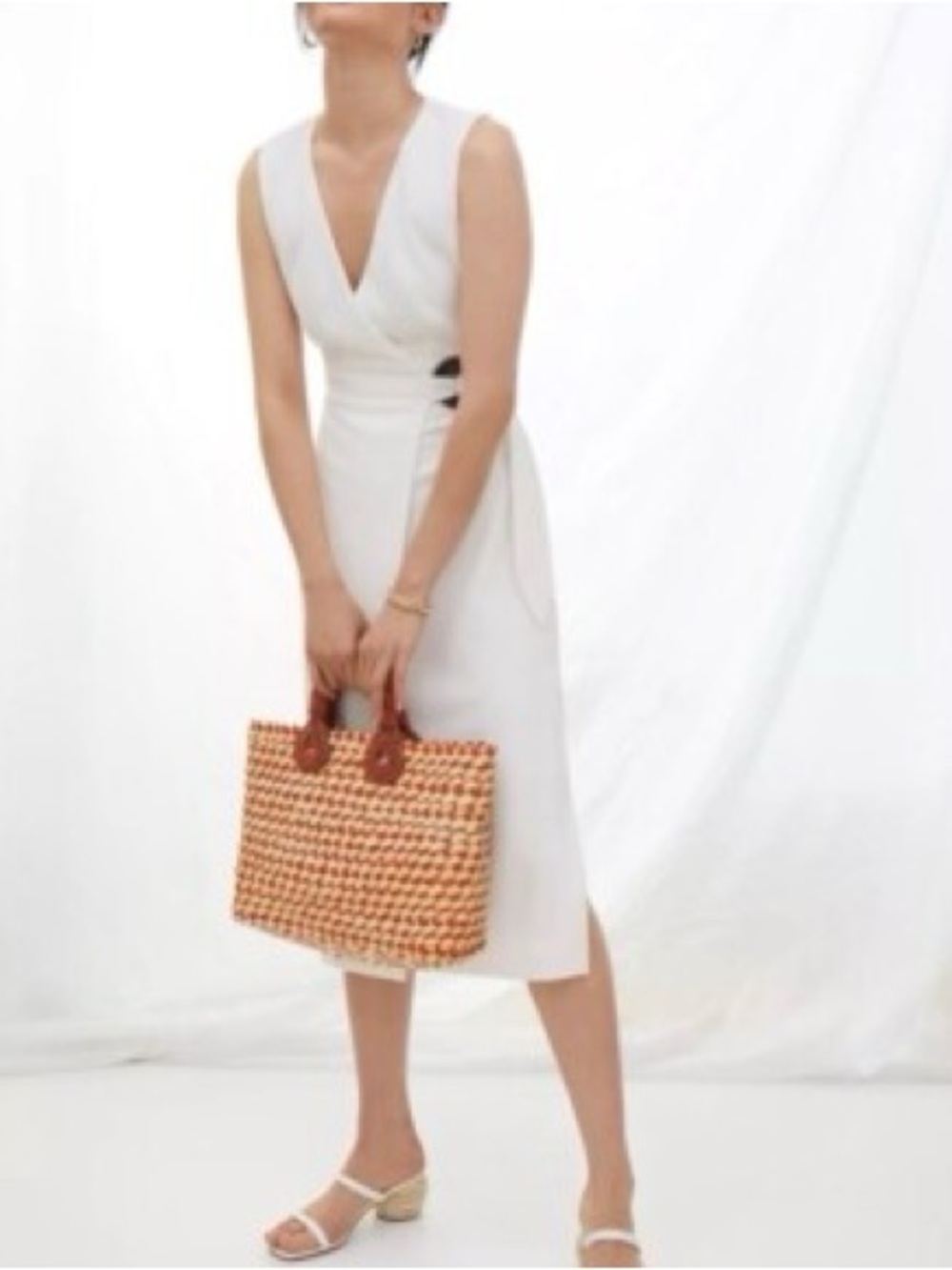 Hutch White Textured Faux Wrap Midi Dress Tortoise Buckle Sleeveless Size Small